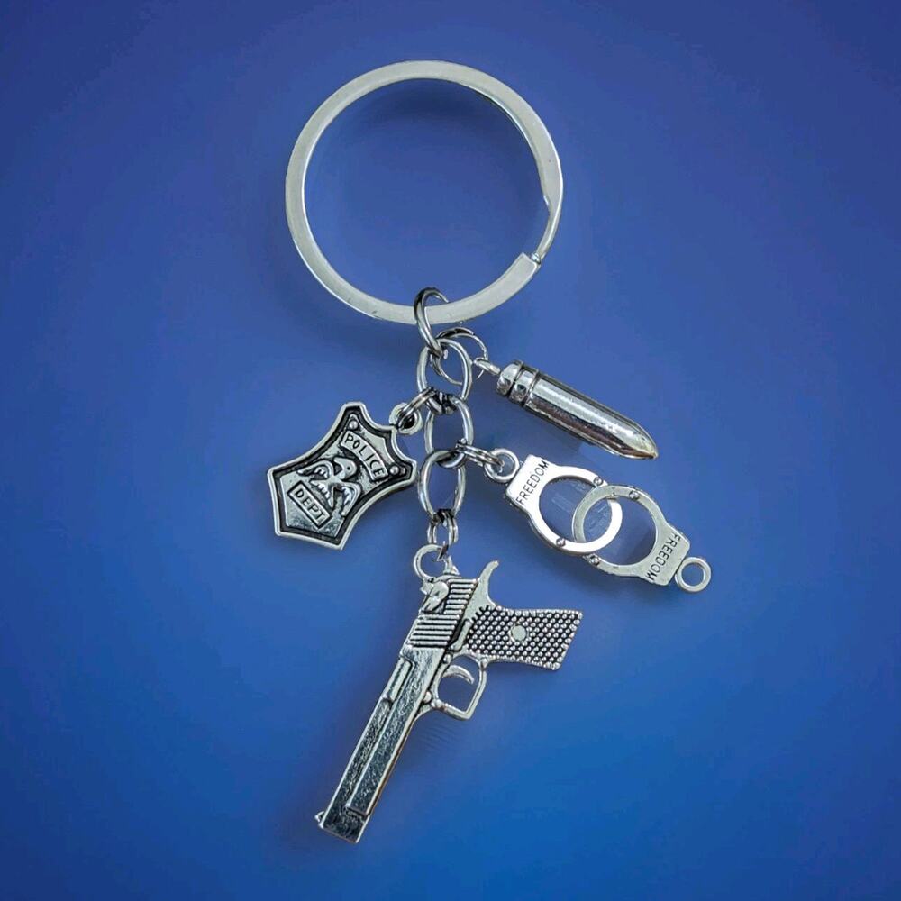 Police officer Keychain key chain ring badge handcuff gun charm Keyring Key Ring